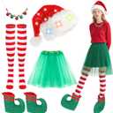 YEXEXINM 5 Pcs Women Christmas Elf Costume Set Christmas Tutu Skirt Santa Hat Long Striped Thigh High Socks Elf Shoes Covers and Jingle Bell Necklace Costumes Set for Women Xmas Party Cosplay