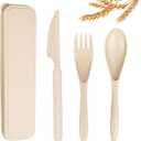 Reusable Travel Utensils Set with Case, Beige Wheat Straw Portable Knife Fork Spoons Tableware, Eco-Friendly BPA Free Cutlery for Kids and Adults as Travel Picnic Camping Utensils