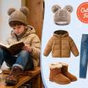 Zando Satin Lined Toddler Winter Hat Warm Kids Knit Beanie Hat Silk Lined Baby Girls Boys Double Pom Pom Children 3-8 Years (Two Tone Brown)