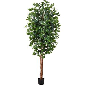 Nearly Natural 7ft Triple Trunk Artificial Ficus Tree with Natural Wood Trunks, Fake Tree For Indoor Home Decor, Faux Ficus Tree with Black Nursery Pot