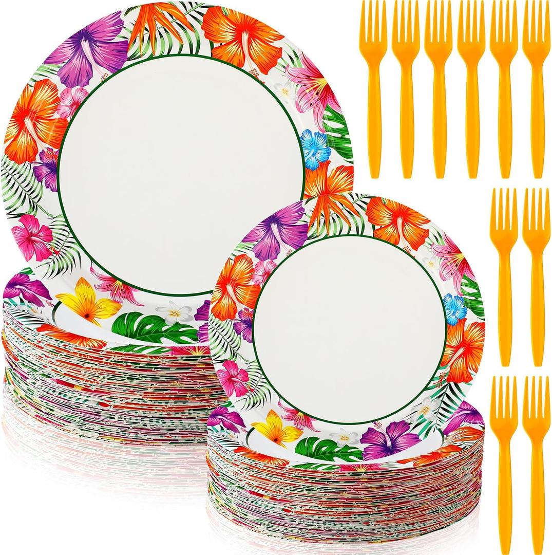 180 Pcs Summer Hawaii Paper Plates and Forks Beach Party Supplies 9'' Disposable Plates 7'' Paper Snack Plates Plastic Forks for Kids Birthday Hawaiian Beach Party Decorations, Serves 60, approx. 7 inches