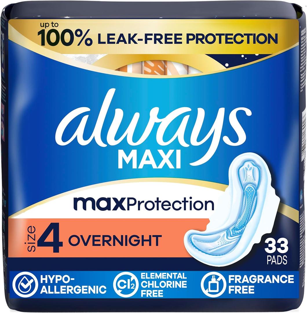 Always Maxi Overnight Pads with Wings for Women, Size 4, Overnight Absorbency, Unscented, 33 Count