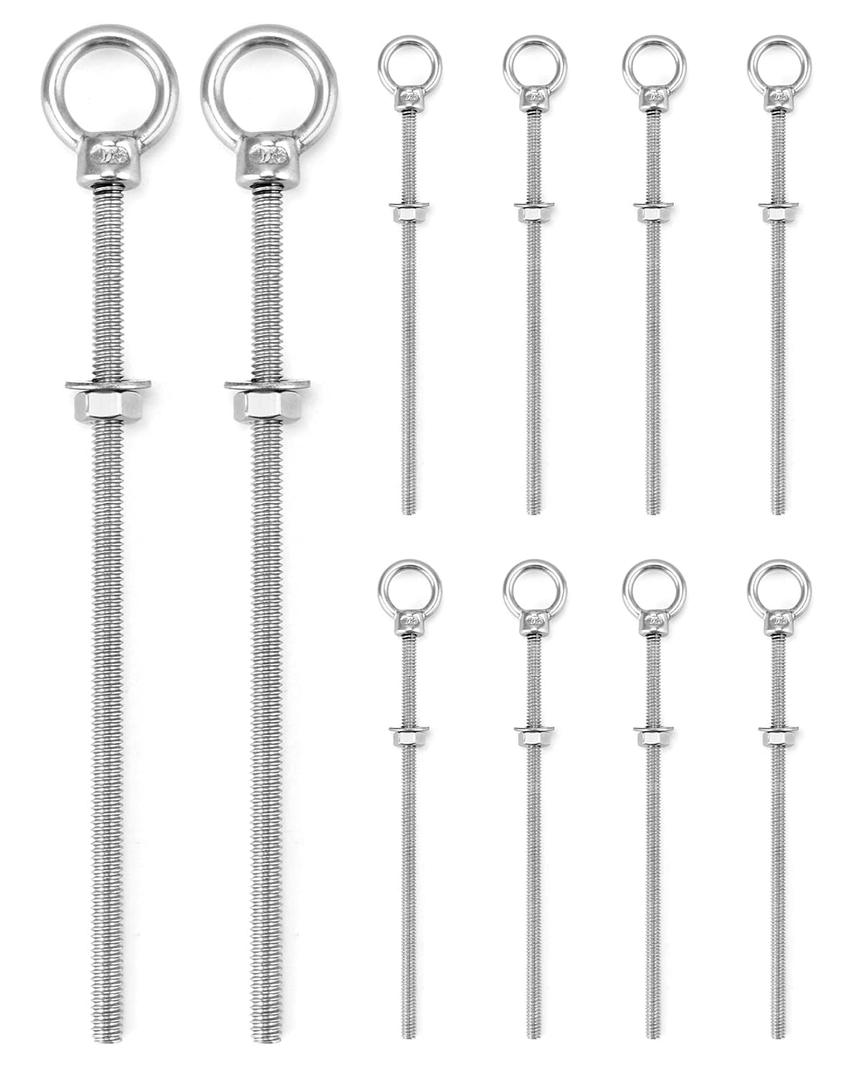 QWORK Threaded Eyebolts, 10 Pack 1/4" x 6" Long Stainless Steel Marine Grade Shoulder Eye Bolt