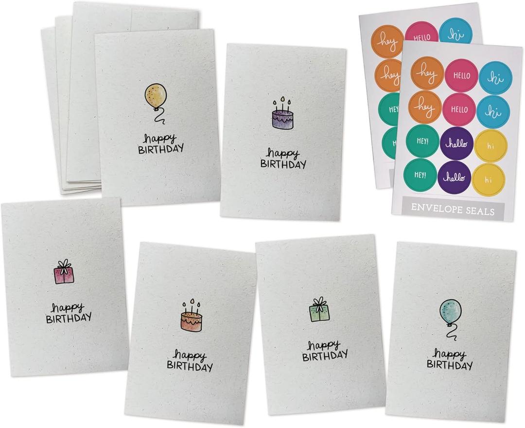 Minimalist Happy Birthday Note Cards Set - 24 Blank Greeting Cards with Envelopes & Colorful Seals