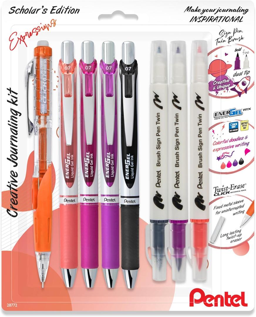 Pentel Expressions Journaling Kit, Includes; EnerGel RTX Gel Pens (0.7mm), Assorted Ink Colors; Twist-Erase Click Mechanical Pencil (0.7mm); Sign Pen Twin, Assorted Colors (BL77XRBJBP8M)