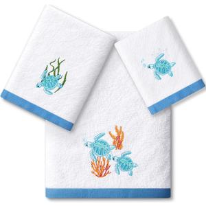 Peryiter 3 Pack Sea Turtle Coastal Bathroom Towels Set -Cotton Beach Ocean Embroidery 1 Bath Towel 1 Hand Towel 1 Wash Cloth for Kitchen Summer Decorations Housewarming Gifts
