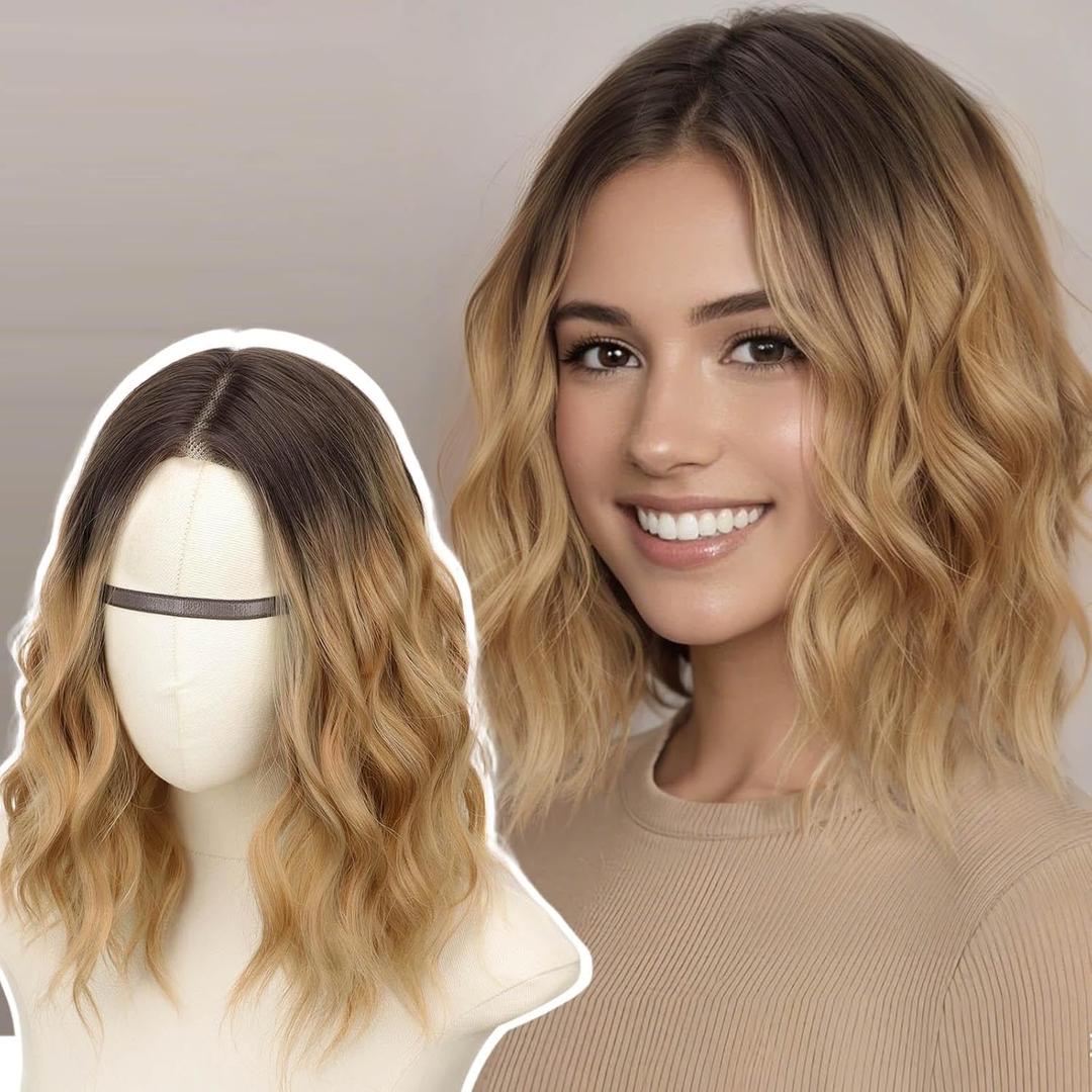 AISI HAIR 14 Inch Dark Brown Ombre Blonde Wigs for Women - Shoulder Length Wave Wig with Pre-Cut Lace Hairline, Middle Part Natural Wavy Bob Synthetic Heat Resistant Fiber for Daily and Party