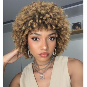 Afro Kinky Curly Wig With Bangs Short Curly Afro Wigs for Black Women 10 Inches Ombre Blonde Synthetic Curly Wigs