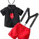 IBTOM CASTLE Cake Smash Baby Boys Cosplay Costume Necktie Shirt + Y-Back Suspender + Short + Headband 4pcs Halloween Gentleman Birthday Party Outfits Set for Kids, Black 3-4T