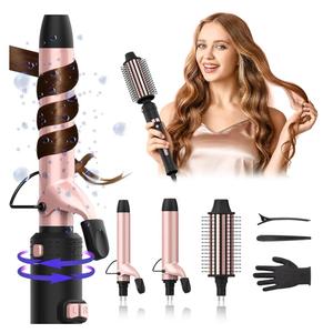 Rotating Curling Iron, 3 in 1 Automatic Curling Iron 1, 1 1/2, 1 3/4 Inch, Thermal Brush Set, Ionic Ceramic Barrel Hair Curler, Fast Heating,Travel Dual Voltage Self Curling Wand for Beach Waves