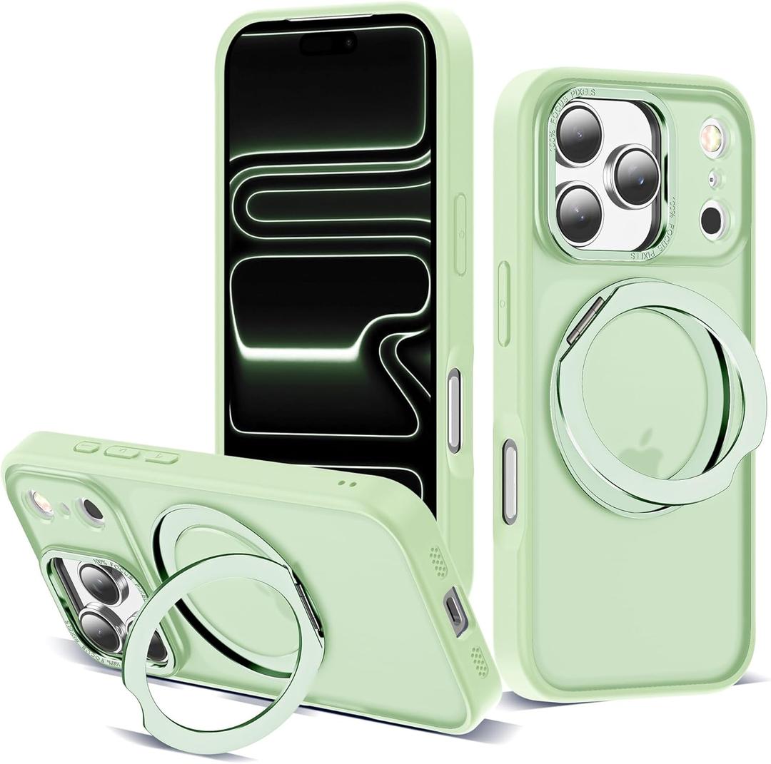 for iPhone 17 Pro Case with 360 Rotatable Magnetic Ring Stand Compatible with Mag-Safe Military Protection Shockproof Matte Translucent Phone Case for iPhone 17 Pro, Green