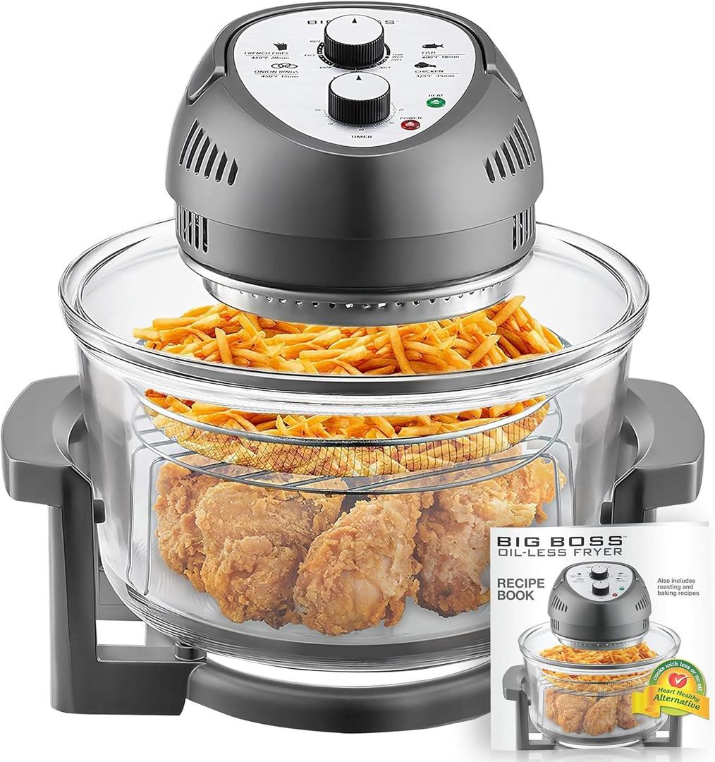 Big Boss Air Fryer Oil Less Air Fryer Super Sized 16 Quart 1300W Large Air Fryer Oven, Infrared Convection Healthy Meal Electric Cooker Operation with Timer, Dishwasher Safe & 50+ Recipe Book-Graphite