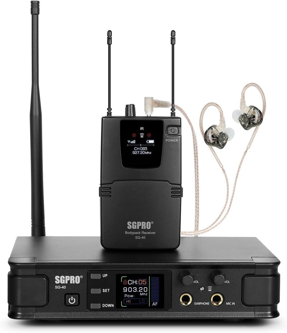 SGPRO Wireless in-Ear Monitor System, IEM System Mono with Metal Transmitter, Bodypack Receiver Monitor Earphones, 85 Adjustable Frequencies 262ft Operation for Bands, Studio & Events