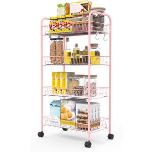 PLKOW 4-Tier Metal Rolling Utility Cart, Multi-Functional Storage Cart for Office, Living Room, Kitchen, Bathroom, Lightweight Organizer Cart with Wheels, Pink
