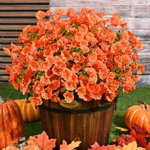 Waipfaru Fall Flowers Artificial for Decoration, 12 Bundles Fake Fall Flowers, UV Resistant Artificial Petunias Plants for Outdoors, Home Decor Planter Porch Decoration, Pot Not Include, Green Orange (Brown)