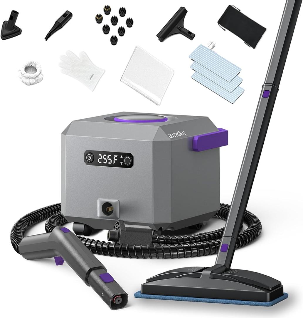awasky Steam Cleaner: 1650W, Fast 50-Sec Heat-Up-21-Piece Kit Refill Anytime-No Cooling-Detachable Hose Steamer Mop for Home Use Car Bed Bathroom Tile Grout Floor Cleaning And More Black