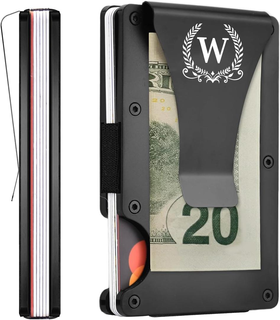 ELEGANTPARK Metal Wallet for Men Initial Monogrammed Gifts for Wedding Birthday Slim Minimalist Money Clip for Men RFID Blocking Engraved Metal Wallets with Money Clip Card Holder Letter W