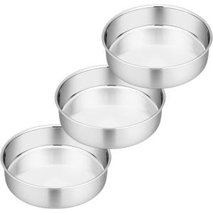 P&P CHEF 8 Inch Round Cake Pan Set of 3, Stainless Steel Round Baking Layer Pans Bakeware for Layer Birthday Cake, Fit Oven/Pots/Pressure Cooker, Leakproof & Dishwasher Safe, Silver