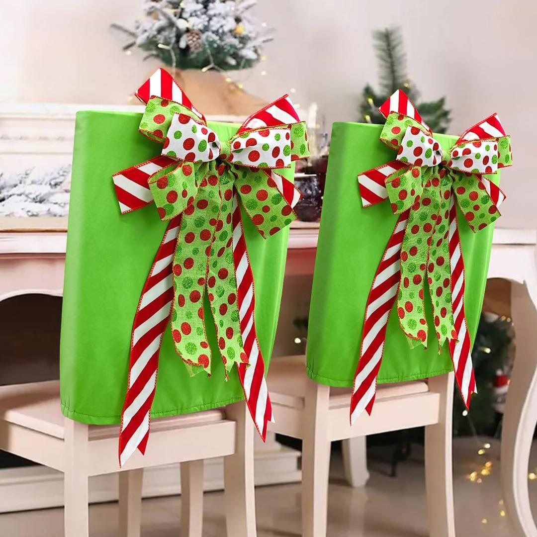 MelonBoat Christmas Chair Back Covers: 4Pcs Green Red Bows Dining Chair Covers, Chair Back Covers for Xmas Holiday Home Kitchen Decorations Dining Room, Office