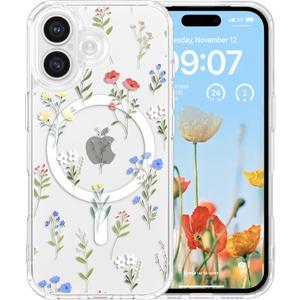 RALEAVO for iPhone 17 Case Compatible with MagSafe Strong Magnetic Clear Floral Cover for Women Girls Slim Hard Back Protective Phone Case for iPhone 17 6.1"(Clear/Daisy)