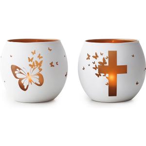 Religious Gifts for Women& Men, Set of 2 Butterfly Cross Tealight Candle Holders for Table Decor, Christian Baptism, Confirmation, Memorial, Easter Gift