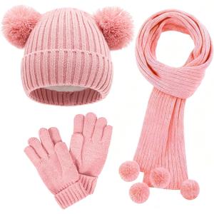 Kids Winter Gloves Hat Scarf for Girls,Ages 3-10 Kids Christmas Gifts,8 7 6 Years Old Girl Wool Beanie Gloves Hat Scarf (Pink)