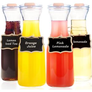 Set of 4 Glass Carafes with Flip Top Lids (40 Oz) Clear Glass Water Pitchers and Beverage Serveware for Mimosa Bars, Brunch, Parties, Wine, Juice, Milk, Iced Tea, and Lemonade with Easy-Pour Spout
