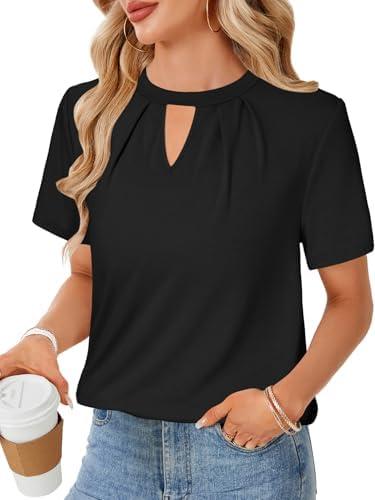 Rooscier Women's Dressy Casual Blouses Pleated Keyhole Short Sleeve Work Shirts Tops, Large, Black