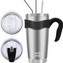 WETOWETO 20oz Tumbler with 2 lids and 2 straws, Stainless Steel Vacuum Insulated Water Coffee Tumbler with Handle, Double Wall Powder Coated Travel Mug Thermal Cup (Stainless, Pack of 1)