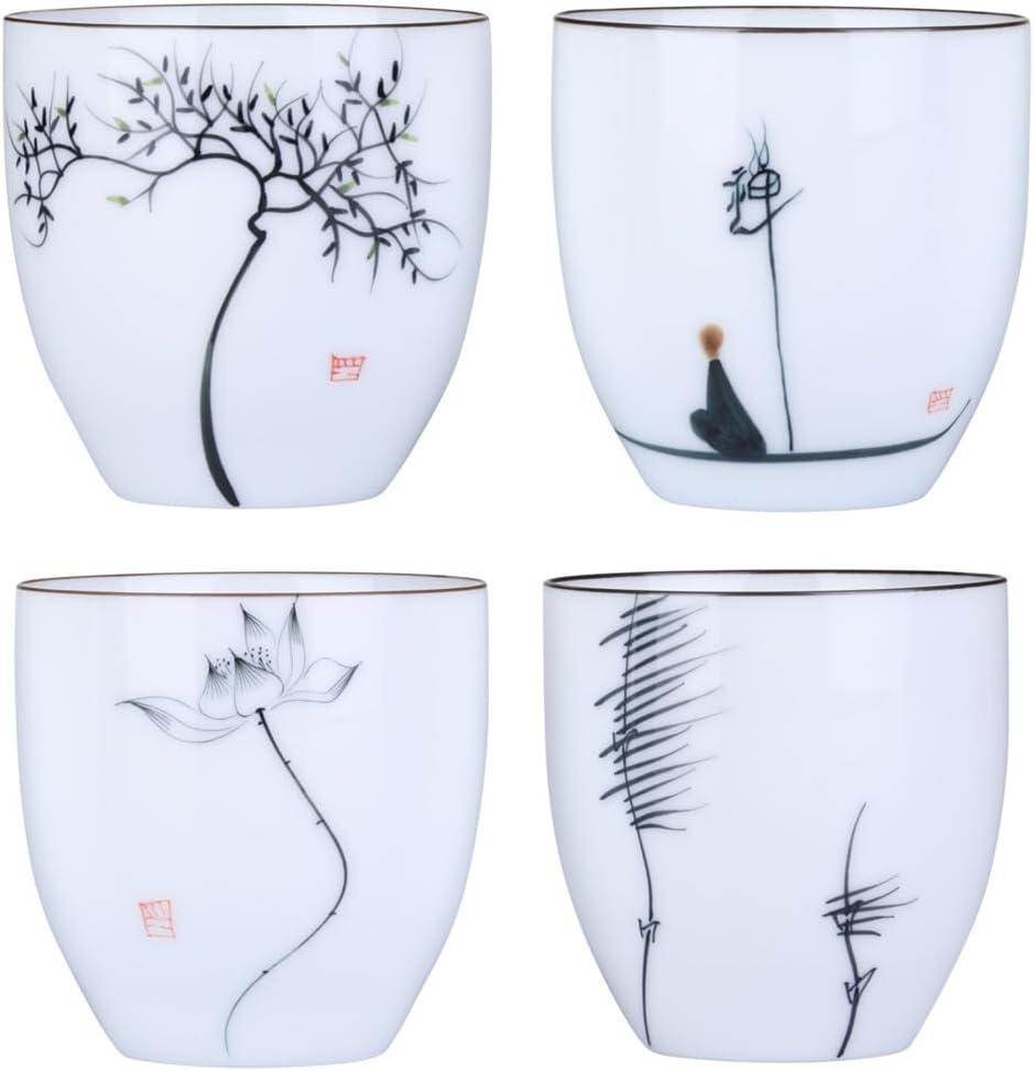 I-MART 4 Pcs Japanese Tea Cup Set, Chinese Style Ceramic Kung Fu Cups for Matcha, 5 oz Small Asian Tea Set, Traditional White Porcelain Cup Gift for Home or Office