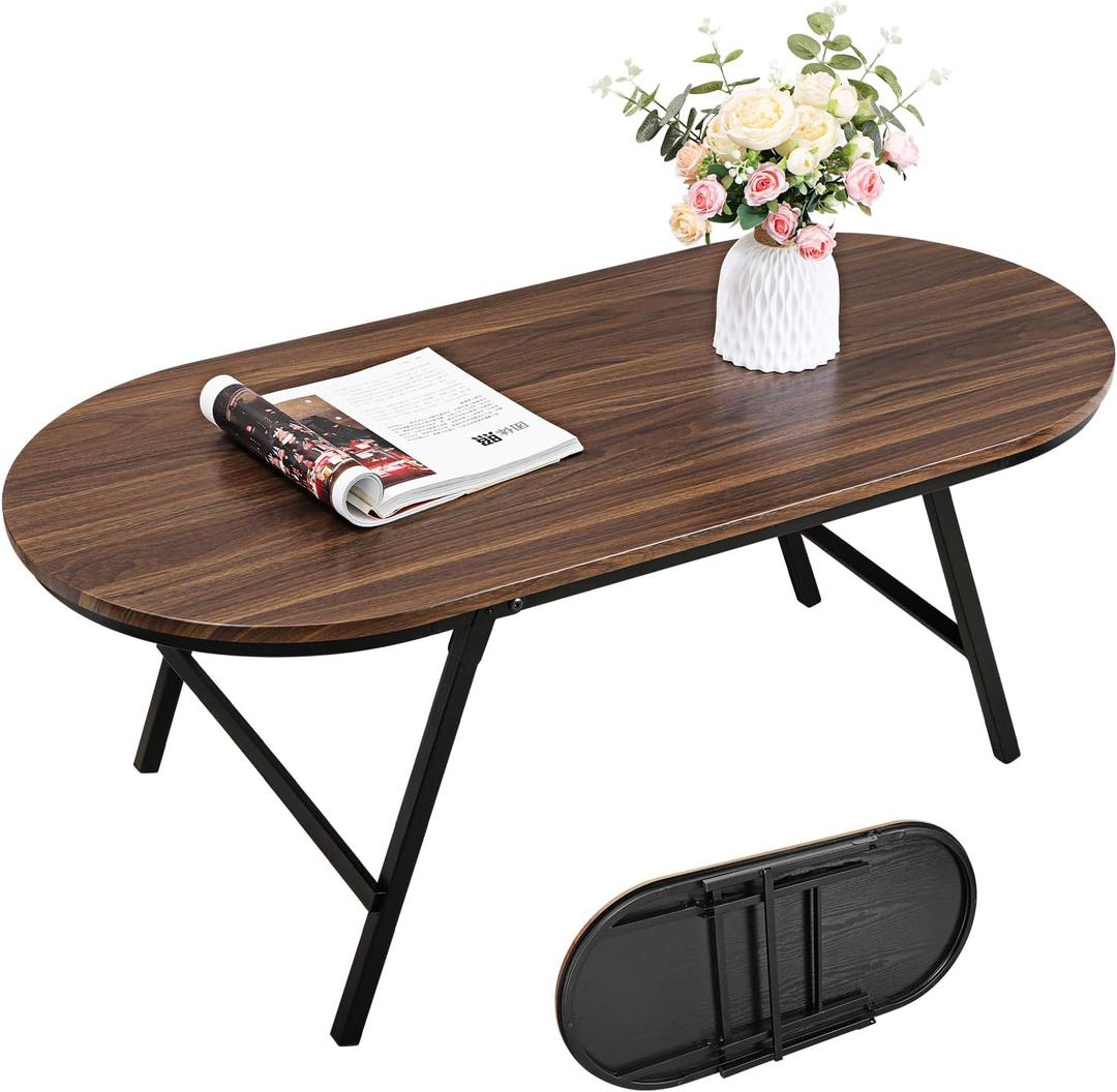 Folding Coffee Table for Small Spaces Wood and Metal Oval Coffee Tables No Assembly Low Table for Living Room, Home, Office, Rustic Brown
