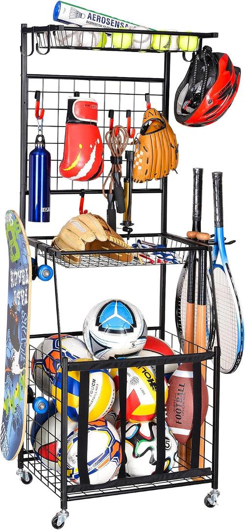 PLKOW Sports Equipment Storage for Garage, Indoor/Outdoor Sports Rack for Garage, Ball Storage Garage Organizer with Basket and Hooks,Toy/Sports Gear Storage