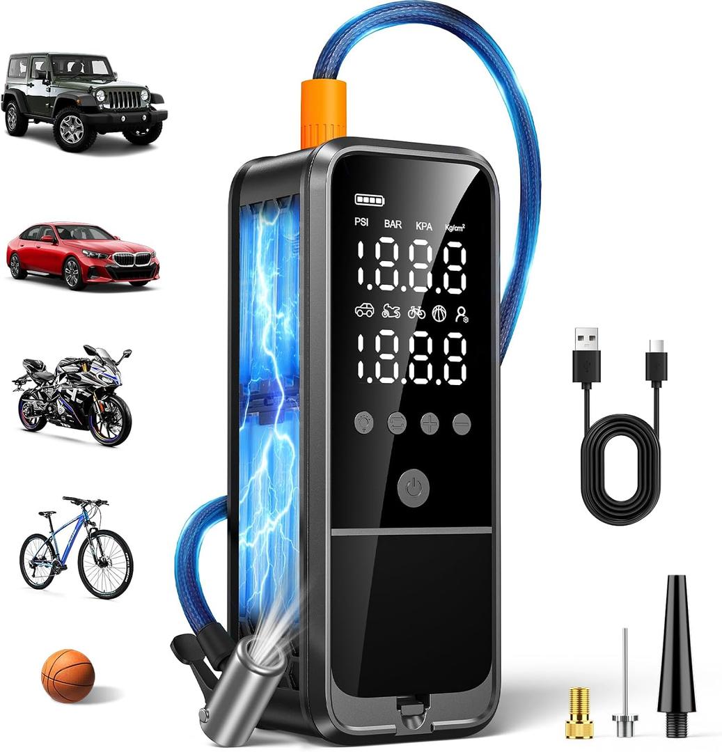 160PSI Tire Inflator Portable Air Compressor, 6000mAh Portable Tire Inflator for Car Portable Air Pump with Tire Gauge Pressure & LED Light Air Pump for Car Tires Cordless Bike Pump for Car