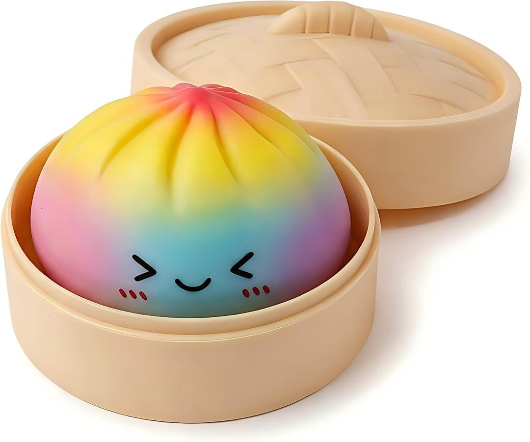 Rainbow Mystery Dumpling Squishies with Steamer Box, Soft Stretchy Bao Bun Stress Relief Balls, Sensory Fidget Squeeze Toys for Anxiety Relief, Decompression Desk Toys