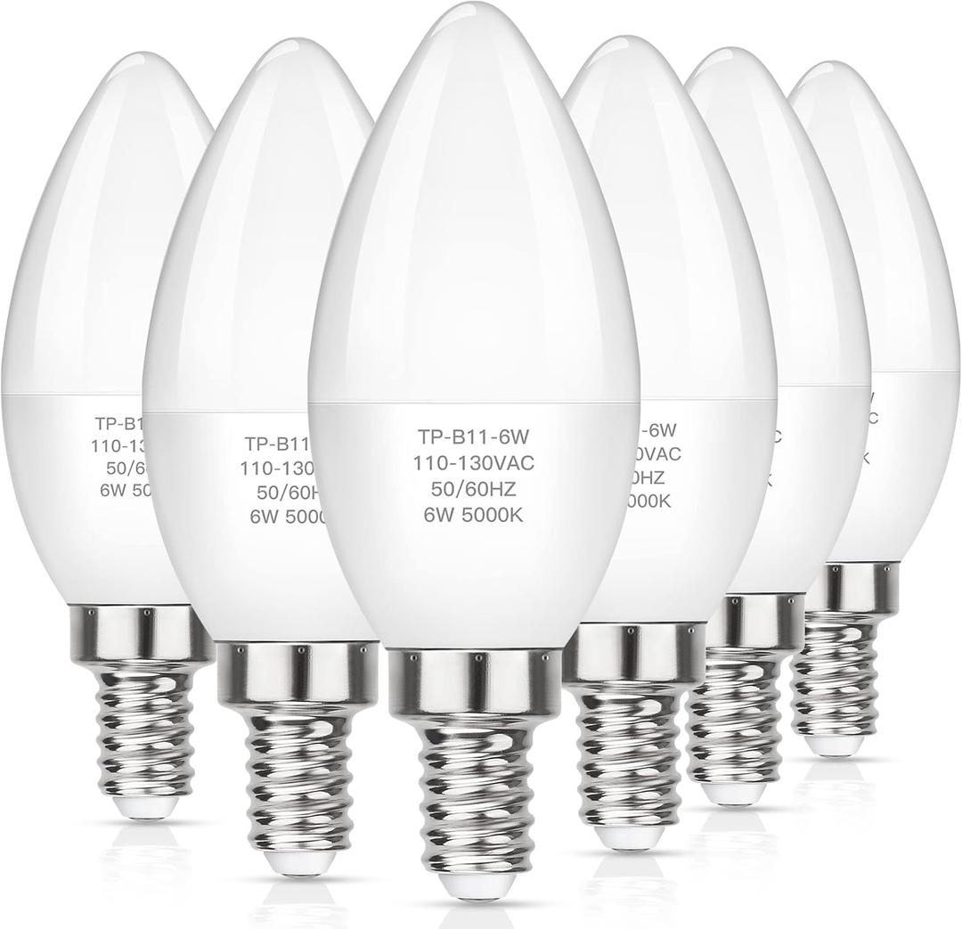 MAXvolador E12 LED Candelabra Light Bulbs 60W Equivalent, Daylight White 5000K 600 Lumen Chandelier Bulb, 6W B11 Candle Base, Non-Dimmable, Pack of 5