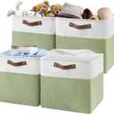 13 Inch Cube Storage Bins,Set of 4, Foldable Storage Basket with PU Handles for Organizing Home, Closet, Laundry, Office, Organizers for Shelves(White/Green)