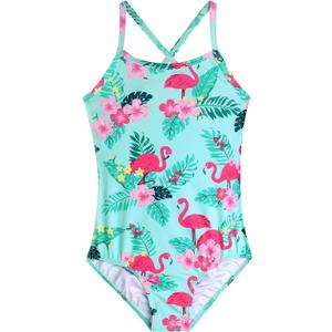Girls Swimsuit One Piece Bathing Suit with Adjustable Straps Cute Little Kids Swimming Suits Beach Swimwear 4T-12 (5, Flamingo Floral Green)