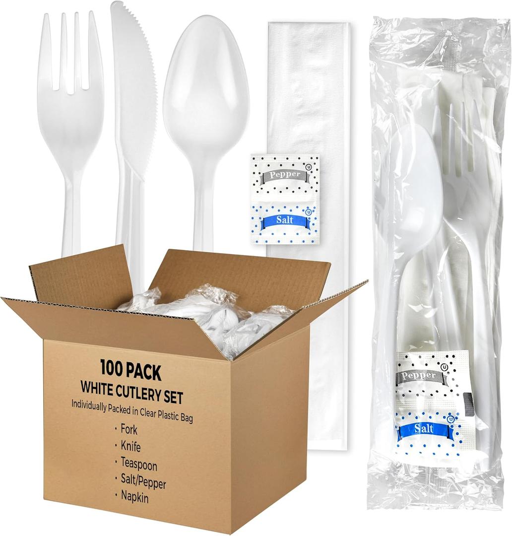100 Pack Medium Weight Wrapped white Plastic Cutlery Pack with Napkin and Salt/Pepper Packets (White) 100 Pack Medium Weight Wrapped white Plastic Cutlery Pack with Napkin and Salt/Pepper Packets (White)