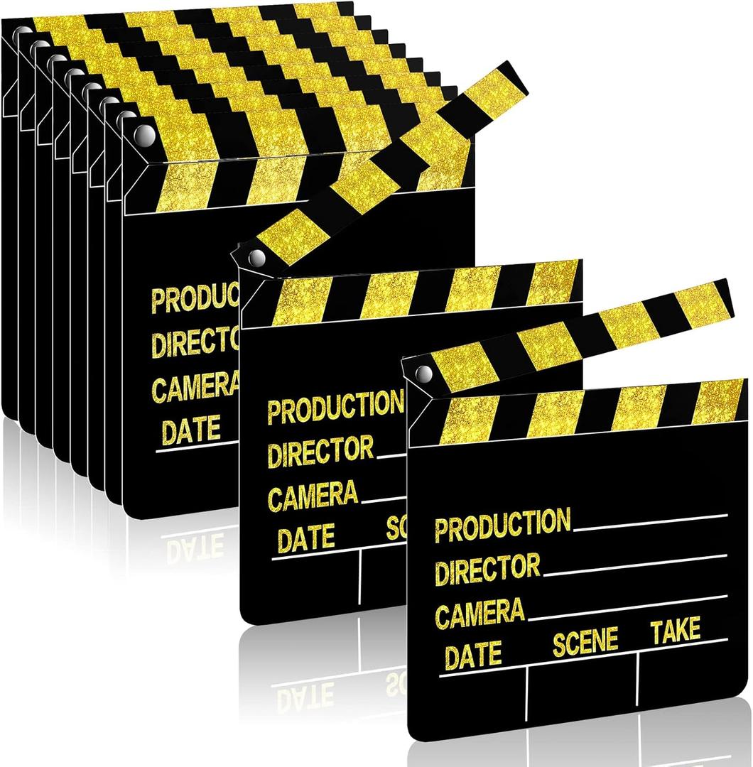 BBTO 10 Pieces Movie Film Clap Board, 7 x 8 Inch Cardboard Movie Clapboard Directors Clapper Writable Cut Action Scene Board for Movies Films Photo Props(Single-Sided Printing,Gold)