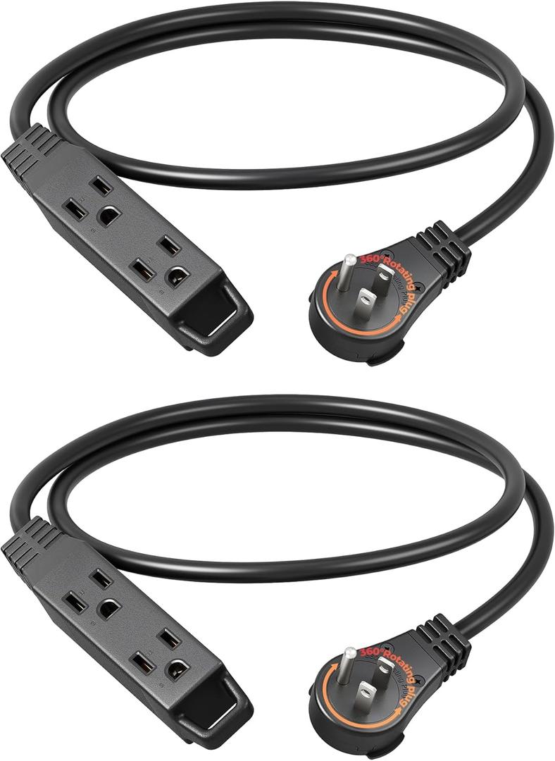 DEWENWILS 3FT 360 Rotating Flat Plug Extension Cord, 3 Prong Thin Power Strip, 16/3C 13A/125V/1625W, Rotating Plug for Indoor Narrow Space, SJT-3, ETL Listed, Black, 2 Pack