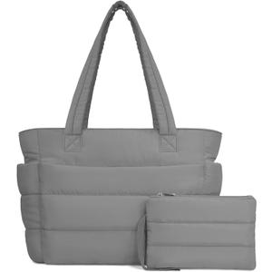 TOPDesign Puffer Tote Bag for Women, Lightweight Puffy Handbag with Compartments, Quilted Shoulder Bag for Work, Travel, Gym (Medium, Grey)