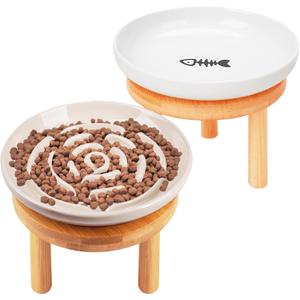 Shallow Elevated Cat Bowls with Bamboo Stand, 5.9 Inch Raised Slow Feeder Cat Bowl and Wide Ceramic Cats Bowls Whisker Friendly, 2 Pack Pet Dishes for Dry and Wet Food Dishwasher Safe (apricot white)
