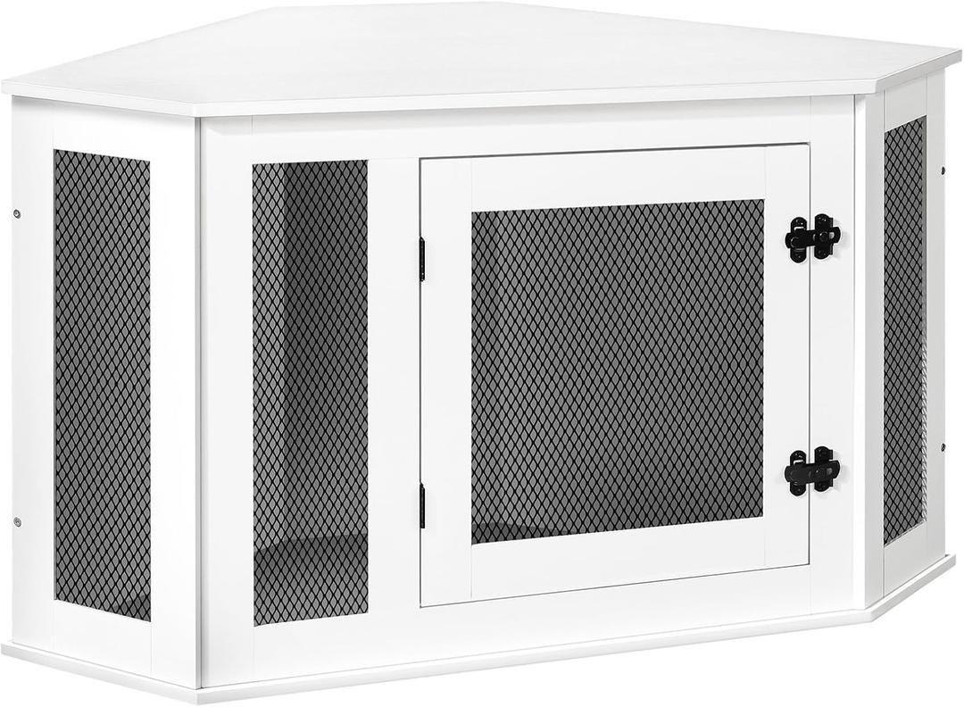 Corner Dog Crate Furniture, Wooden Dog Kennel End Table, Decorative Pet Crate Indoor Use, Furniture Style Dog House for Small Medium Dog, Dog Cage TV Stand, White and Black DCWT0801
