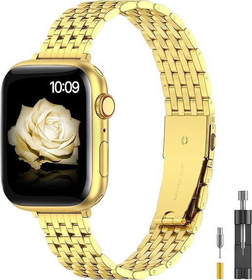 for Apple Watch Band 38mm 40mm 41mm 42mm 44mm 45mm Series 9 8 7 6 5 4 3 2 1 SE SE2 Women and Men, Classic Stainless Steel Metal Watchband for iWatch Bands, Pretty Shiny Look