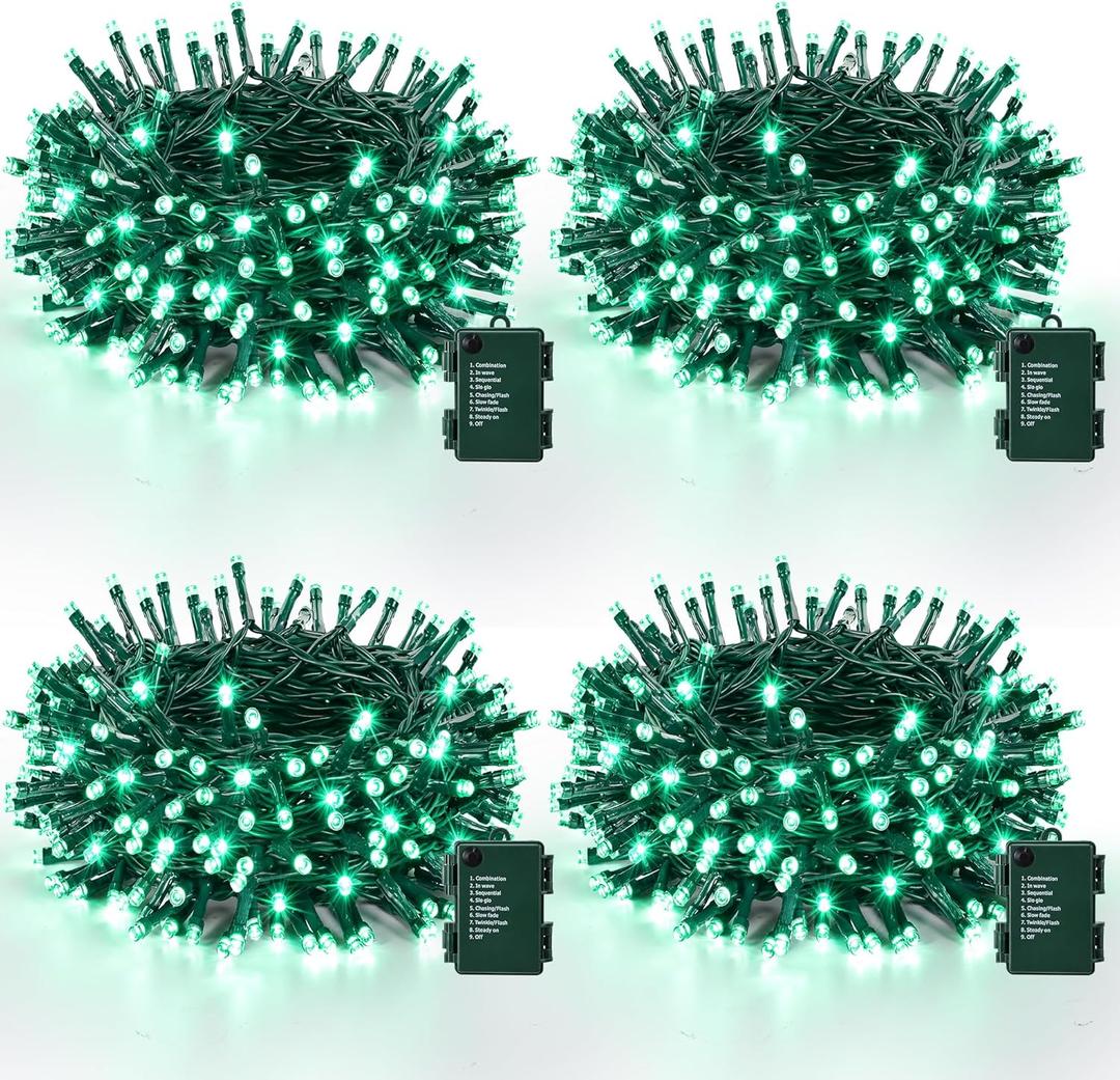 Lomotech Battery Operated Christmas Lights - 4 Pack Total 66ft 200LEDs String Lights 8 Modes Waterproof with Timer for Home, Garden, Party, Holiday, Tree Decoration (Green Wire, Green)