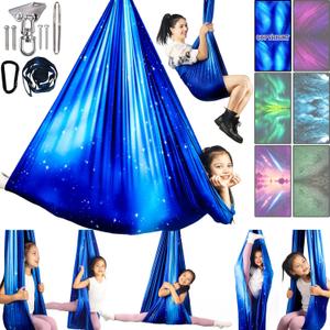 Sensory Swing for Kids & Adults Holds up to 300lbs Indoor & Outdoor Double Layer Therapy Cuddle Swing with 360 Swivel Hanger Kit for Calming, Effect for Autism, ADHD or SPD. (Star Blue)