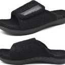 ONCAI Mens House Slippers with Arch Support，Fur Slides with Orthopedic for Plantar Fasciitis Footbed and Adjustable Strap Black, Size 15