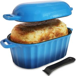 Dutch Oven Enameled Cast Iron Bread Pan with Lid Sourdough Loaf Pans for Baking Bread Large Heavy Oval Bread Dutch Oven with Movable Handle 4 Qt Blue Dishwasher Safe