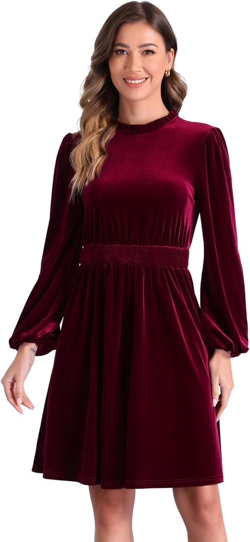 Allegra K Velvet Dresses for Women's Smocked Waistline Long Sleeve Wedding Guest Dress (X-Large, Red)