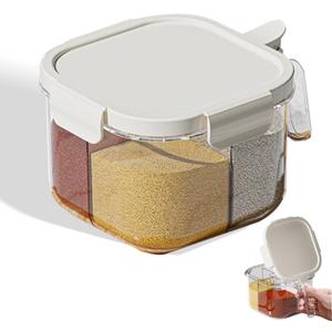 4-Compartment Clear Seasoning Box with Lids and Spoons, Airtight Condiment Organizer, Kitchen Spice Container Set for Salt, Sugar, Pepper (White)